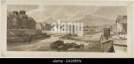 Blick auf die Stadt mit dem Louvre, etc., von Pont Marie getroffen, aus einer Auswahl von 20 der schönsten Ansichten in Paris, 1802, Thomas Girtin, Englisch, 1775-1802, Vereinigtes Königreich, weicher Boden ätzen, mit Aquatinta, in schwarzen und grauen Farben gedruckt, auf Creme webte Papier, 185 x 474 mm (Bild/Platte), 223 x 520 mm (Blatt Stockfoto