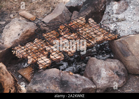 Schaschlik kochen auf dem Lagerfeuer im Kühlergrill, ein Teller aufgespießt und gegrillt Cubes von Fleisch Stockfoto