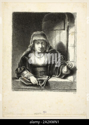 Frau am Fenster, 1759, Jean-Pierre Norblin de la Gourdaine (Französisch, 1745-1830), nach Ferdinand Bol (Niederländisch, 1616-1680), Frankreich, Ätzung auf Papier, 142 x 117 mm Stockfoto