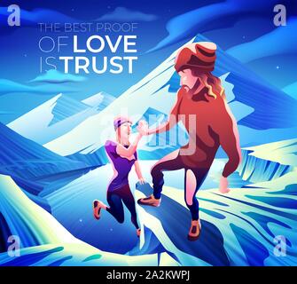 Eine Abbildung eines geliebten Paar, dass der Mann die Hand seiner Geliebten hält und ziehen Ihre bis zum Gipfel. Stock Vektor