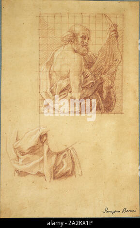 Studie zum Heiligen Bartholomäus und Vorhänge, C. 1740, Pompeo Girolamo Batoni, Italienisch, 1708-1787, Italien, Rote Kreide, mit weißer Kreide verstärkt, auf beige Bütten, Quadrat für die Übertragung mit roter Kreide, rand Blau, webten Karte montiert, 284 x 181 mm Stockfoto