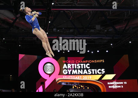 Oktober 1, 2019: Gymnast Jade Carey von den USA während des podium Training Tag Am2019 Welt künstlerische Gymnastik Meisterschaften in Stuttgart, Deutschland. Melissa J. Perenson/CSM Stockfoto