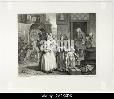 Plate One, von einer Hure die Fortschritte, 1732, William Hogarth, Englisch, 1697-1764, England, Gravur in Schwarz auf Elfenbein Bütten, 300 x 375 mm (Bild), 320 x 392 mm (Platte), 434 × 537 mm (Blatt Stockfoto