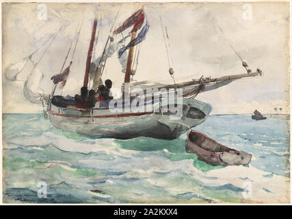 Schoner, Nassau, 1898/99, Winslow Homer, American, 1836-1910, United States, transparenten Aquarell, mit Spuren von opak Aquarell, Wiedervernässung, Blotting und Schaben, über Graphit, dicke, grobe Twill - Strukturierte, Elfenbein webte Papier, 380 x 545 mm Stockfoto