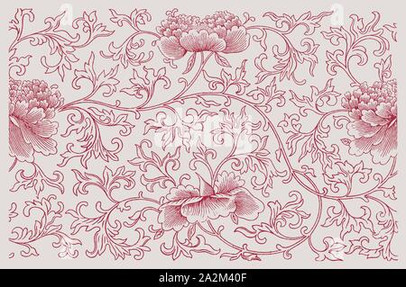 Historische chinesische Zierpflanzen floralen Muster. Dunkelrot gefärbte Darstellung nach einem 19. Jahrhundert Radierung. Editierbare Layer Stock Vektor