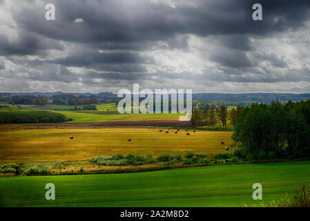 Stimmungsvolle Landschaft mit sammeln Sturmwolken über landwirtschaftliche Felder mit Heuballen und Wald Bäume Stockfoto