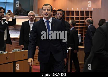 Brüssel, Belgien. 3. Oktober 2019. Europäische Umwelt- und Ozeane der designierte Kommissar Virginijus Sinkevicius von Litauen nimmt an seiner Anhörung vor dem Europäischen Parlament. Stockfoto