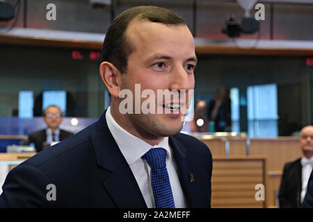 Brüssel, Belgien. 3. Oktober 2019. Europäische Umwelt- und Ozeane der designierte Kommissar Virginijus Sinkevicius von Litauen nimmt an seiner Anhörung vor dem Europäischen Parlament. Stockfoto