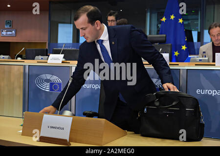 Brüssel, Belgien. 3. Oktober 2019. Europäische Umwelt- und Ozeane der designierte Kommissar Virginijus Sinkevicius von Litauen nimmt an seiner Anhörung vor dem Europäischen Parlament. Stockfoto