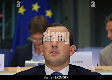 Brüssel, Belgien. 3. Oktober 2019. Europäische Umwelt- und Ozeane der designierte Kommissar Virginijus Sinkevicius von Litauen nimmt an seiner Anhörung vor dem Europäischen Parlament. Credit: ALEXANDROS MICHAILIDIS/Alamy leben Nachrichten Stockfoto