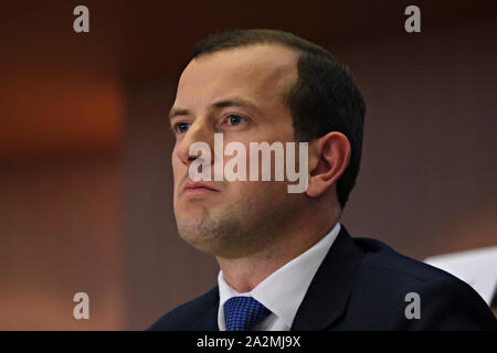 Brüssel, Belgien. 3. Oktober 2019. Europäische Umwelt- und Ozeane der designierte Kommissar Virginijus Sinkevicius von Litauen nimmt an seiner Anhörung vor dem Europäischen Parlament. Credit: ALEXANDROS MICHAILIDIS/Alamy leben Nachrichten Stockfoto