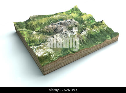 Sat-Blick auf die Marmolada, Dolomiten, Berge der Alpen, 3D-Rendering. Alpine Landschaft, Abschnitt des Landes in 3d. Italien. Stockfoto