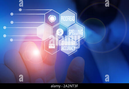 Text Zeichen angezeigt Korrektur Rechtschreibung Grammatik Genauigkeit. Business foto Präsentation grammatisch korrekt Fehler vermeiden, die männlichen menschlichen Verschleiß formale Arbeit Anzug Stockfoto