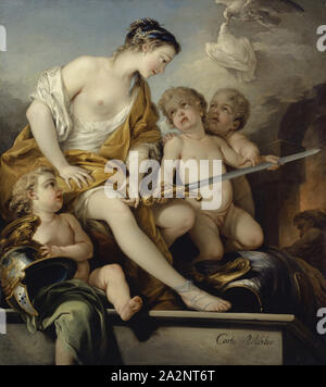 Venus und Amor mit den Waffen des Mars, C. 1743, Öl auf Leinwand, 126 x 103 cm, signiert unten rechts: Carle Vanloo, Carle (Charles André) van Loo, Nizza 1705 - 1765 Paris. Stockfoto