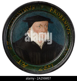 Kapsel Portrait von Hieronymus Froben, mit Deckel, 1557 (1558), Öl auf Birnbaum, Durchmesser: 10 cm | Durchmesser: 13,5 cm (Hochformat, H 2,5, Beschriftung Durchmesser 12,7, H 2.4), nicht unterzeichnet, aber oben die Inschrift auf der Abdeckung vom: 15 57, EST AHCE FAMIGERJ, STVDII FAVTORIS IMAGO = ANNI CVI SEPTEM ET LVSTRA PERACTA DEZE [M],., PERVIGIL, ET VETERVM MENDIS MONVME[N] TA REPVRGA[N] S, MVSARV [M] MYSTES VNDIQVE FROBENIVS •, CVI DEDERINT SVPERI LONGAENA VESCIER AVRA:, DOCTRINAE ET MORVM POSSIT VT ESSE, DECVS STVDIORVM MECAENATI PIA, POSTERITAS (Dies ist die glorreichen Patron der Wissenschaft Bildnis, da Stockfoto