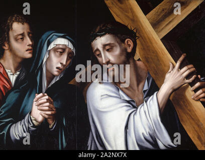 Das Kreuz Christi mit Maria und Johannes, C. 1570, Öl auf Kastanie (?) Holz, 61 x 82,5 cm, unsigniert, Luis de Morales, (Werkstatt (?)/Workshop (?)), 1510-1586 Badajoz Badajoz Stockfoto