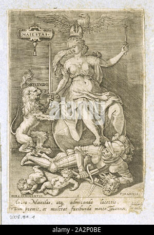 Personifizierung der Majestät (maiestas), 1579, Kupferstich auf Papier, Foliate: Ca. 14 x 9 cm, O. l., in einer Kartusche: MAIESTAS, weiter unten: FORTITVDO, u,., l.: MORS., Innocenti, u,., R.: TIRANNIS., u,., in der Mitte nummeriert: ICH, unter dem Bild Text Box mit zwei Linien: Aurea Maiestas [...], ebd. r., signiert: Sadeler f [Beschneidung], et Exlg [Beschneidung], Marten de Vos, Erfinder, Antwerpen 1532 - 1603 Antwerpen, Johannes sadeler I, Stecher und Verleger, Brüssel 1550 - 1600 Venedig Stockfoto