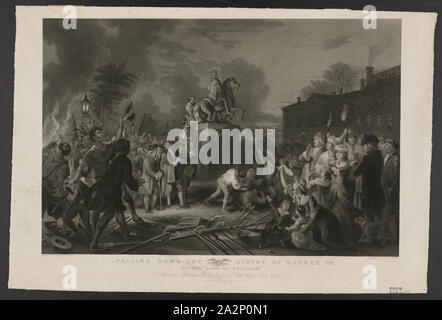 Ziehen Sie die Statue von George III. durch die Söhne der Freiheit, in der Bowling Green, New York City, Juli 1776/bemalt von Johannes A. Oertel; von John C. McRae eingraviert. Stockfoto