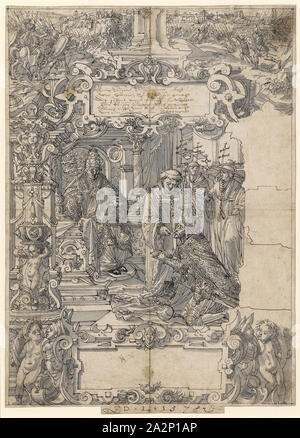 Scheibe Riß mit Kaiser Heinrich VII., der die Kommunion empfängt, Im oberen Bild battle Szene, 1578, Stift in Schwarz, Grau gewaschen, am unteren, Blatt getrimmt: 42 42,8 x 30,7 cm |, Bild: 41,6 x 29,9 cm, O. in der Kartusche mit Feder in Braun bezeichnet: Anno Dusend drauerundertt Acht, war Henry der Keyser macht, die sybent gnent fünf jar Rigiertt, ein Keyser dugent reich verziert, von gifft von bapst Sünde leben endet/, von einem Mönch in das Sakrament., u,., Monogrammiert und datiert in Schwarz mit Pen: D. L. 1578, Daniel Lindtmayer d. J., Schaffhausen 1552 - 1603 Stans Stockfoto