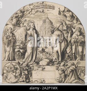 Zerbrochenes Glas für eine lunette Fenster mit der Versuchung Christi, durch die Heiligen Benedikt und James d flankiert., Ä., Unten links das Wappen von Abt Jacobus Maier, Abt von Muri, 1592, Feder in Schwarz, Grau gewaschen, Blatt: 65,3 x 65,7 cm, O. eingeschrieben in der Kartusche mit Stift in Braun: Christum Die Vyent versuchen Thet, /, er war vier Tage alt Gfastet Hut, u,., in der Kartusche altmodisch mit Stift in Schwarz und Monogrammiert: 1592 DLM [lig.], Daniel Lindtmayer d. J., Schaffhausen 1552 - 1603 Stans Stockfoto