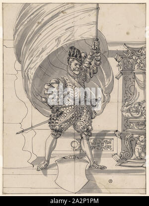 Zerbrochenes Glas mit Standartenträger, unten leer Blazon, C. 1585, Stift in Schwarz, Grau gewaschen, Blatt 39,7 x 29,8 cm |, Bild: 39,3 x 29,5 cm, Nicht markiert, Hans Jakob Plepp, Biel um 1557/60 - 1597/98 wohl in Bern. Stockfoto