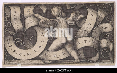Der Genius mit dem Alphabet, 1542, Kupferstich, Blatt: 4,6 x 8,2 cm |, Platte: 4,3 x 7,8 cm, eingeschrieben, datiert und in dem Banner Monogrammiert:.A.B. C,. D. E. F. G. H. I. J. K. L. M., N., O., S. F.R.S.T.V.,. X.Y.Z.,.1,.5. Die HSB-[ligiert]. 4., 2., Sebald Beham, Nürnberg 1500 - 1550 Frankfurt a.M Stockfoto