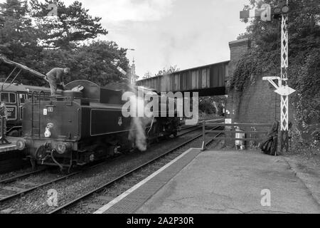 Alten Dampfzug erhalten eine Nachfüllung bei Shringham Station, Norfolk, Großbritannien ist die Heimat der Mohn. Am 29. September 2019 berücksichtigt. Stockfoto