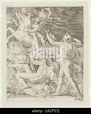 Gian Jacopo Caraglio, Italienisch, 1500-1570, Herkules tötet die Centaur Neseus, zwischen 1500 und 1570, Gravur, in schwarzer Tinte auf Bütten gedruckt, Platte: 8 5/8 x 7 1/8 Inch (21,9 × 18,1 cm Stockfoto