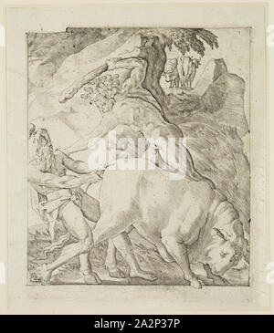 Gian Jacopo Caraglio, Italienisch, 1500-1570, Hercules Slaying der Räuber Cacus, zwischen 1500 und 1570, Gravur, in schwarzer Tinte auf Bütten gedruckt, Platte: 8 3/4 x 7 1/8 Inch (22,2 × 18,1 cm Stockfoto