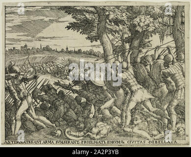 Giovanni Battista Fontana, Italienisch, 1524-1587, die Niederlage der Antemnaeans, 1573, Radierung und Gravur in schwarzer Tinte auf Bütten gedruckt, Blatt: 5 3/8 x 7 Zoll (13,7 × 17,8 cm Stockfoto