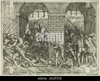 Giovanni Battista Fontana, Italienisch, 1524-1587, die Römer in die Stadt der Crustumeriums, 1573, Radierung und Gravur in schwarzer Tinte auf Bütten gedruckt, Blatt: 5 3/8 x 7 Zoll (13,7 × 17,8 cm Stockfoto