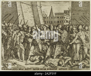 Giovanni Battista Fontana, Italienisch, 1524-1587, der Sabine Frauen verhandeln einen Frieden, 1573, Radierung und Gravur in schwarzer Tinte auf Bütten gedruckt, Blatt: 5 1/4 x 6 3/4 Inch (13,3 × 17,1 cm Stockfoto