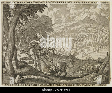 Giovanni Battista Fontana, Italienisch, 1524-1587, Romulus und Remus von der Schäfer Faustulus, 1573, Radierung und Gravur in schwarzer Tinte auf Bütten gedruckt, Blatt: 5 3/8 x 7 Zoll (13,7 × 17,8 cm Stockfoto