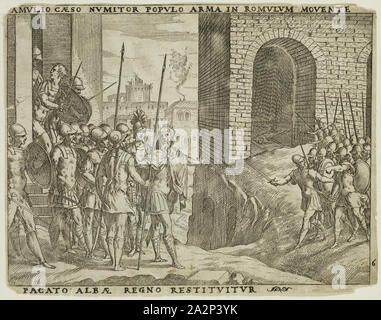Giovanni Battista Fontana, Italienisch, 1524-1587, Numitor nach dem Tod von amulius ist auf den Thron von Alba, 1573 restauriert, das Ätzen und die Gravur in schwarzer Tinte auf Bütten gedruckt, Blatt: 5 3/8 x 7 Zoll (13,7 × 17,8 cm Stockfoto