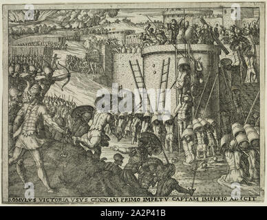 Giovanni Battista Fontana, Italienisch, 1524-1587, Romulus nimmt die Stadt von Caenina, 1573, Radierung und Gravur in schwarzer Tinte auf Bütten gedruckt, Blatt: 5 3/8 x 7 Zoll (13,7 × 17,8 cm Stockfoto