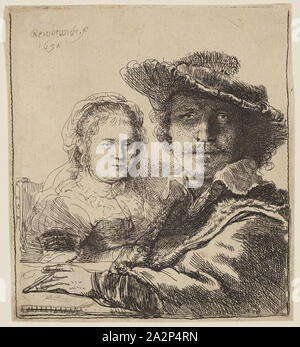 Rembrandt Harmensz van Rijn, Niederländisch, 1606-1669, Selbstportrait mit Saskia, 1636, Radierung, in schwarzer Tinte auf Bütten gedruckt, Platte: 4 1/8 x 3 3/4 Inch (10,5 × 9,5 cm Stockfoto