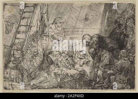 Rembrandt Harmensz van Rijn, Niederländisch, 1606-1669, die Beschneidung, 1654, Radierung, in schwarzer Tinte auf Bütten gedruckt, Platte: 3 3/4 x 5 5/8 Zoll (9,5 × 14,3 cm Stockfoto