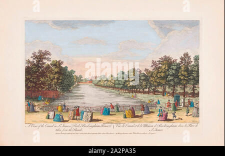 Blick auf den Kanal in der St. James's Park, Buckingham House, &c. von der Parade, London, England. Nach einem Drucken datiert 1753 aus einer Arbeit von Caneletto. Von Robert Sayer veröffentlicht. Später einfärben. Stockfoto