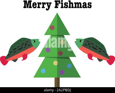 Merry Fishmas (Weihnachten Wortspiel) für Fischer und Angeln Sport Hobbys, mit zwei sockeye Lachs (oder Regenbogenforelle) Fisch und ein Weihnachtsbaum Stock Vektor