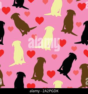 Labrador Retriever nahtlose Muster mit schwarzen Lab, Chocolate Lab und Yellow lab Hunde mit Herz Stock Vektor