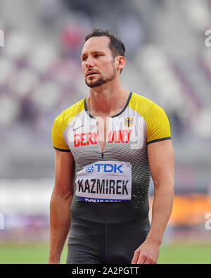 Doha, Katar. 3. Okt, 2019. Kai Kazmirek Deutschlands sah enttäuscht Nach konnte in der Männer 100m Hürden - Decathlon bei Tag 7 der IAAF Leichtathletik WM - Doha 2019 bei Khalifa International Stadium am Donnerstag, Oktober 03, 2019 in Doha, Katar zu konkurrieren. Credit: Taka G Wu/Alamy leben Nachrichten Stockfoto