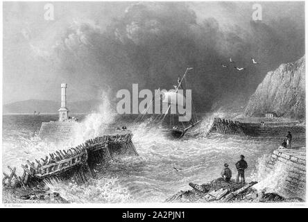 Eine Gravur der Mary-Port Pier (maryport) in hoher Auflösung aus einem Buch im Jahre 1842 gedruckten gescannt. Glaubten copyright frei. Stockfoto