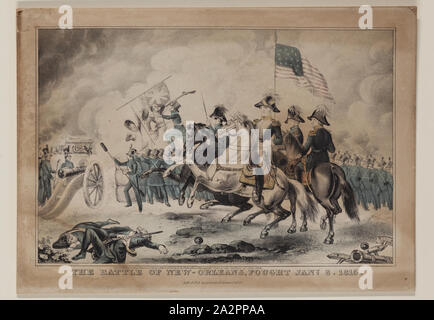 Die Schlacht von New Orleans, kämpfte Januar 8, 1815, 1842, Lithographie in schwarzer Tinte gedruckt, farbig von Hand auf Webte Papier, Bild: 8 3/8 x 12 1/2 Inch (21,3 × 31,8 cm Stockfoto