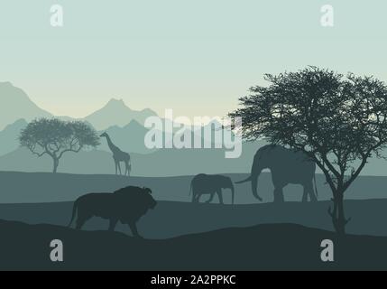 Realistische Darstellung der Berg afrikanische Landschaft und Safari mit Tieren und Bäumen. Mit cub, Löwe und Giraffe unter grünen Himmel in Savanne Elephant Stock Vektor