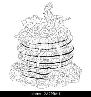 Vektor Pfannkuchen mit Himbeeren, Heidelbeeren und Minzeblättchen. Hand gezeichnete Illustration für t-shirt in zentangle, doodle Stil. Stock Vektor