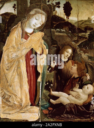 Schule des Leonardo da Vinci, Italienischer, 1452-1519, Madonna und zwei Engel anzubeten, das Jesuskind, 1473-1478, Farbe auf Holz, UNGERAHMT: 23 5/8 x 18 1/2 Inch (60 × 47 cm Stockfoto