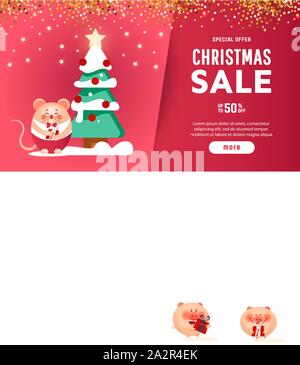 Kreative Happy Chinese New Year 2020 der Ratte. Süße Ratte hält Überraschung mit Pine Tree dekoriert mit hellen roten Kugeln und ein Star Stock Vektor
