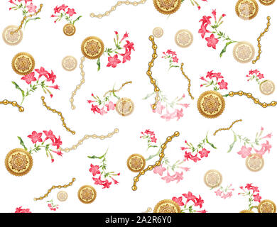 Nahtlose farbige Blumen für die Textil- und Retro Stil Blumenschmuck mit Ketten, Gold Schmuck, Vintage Style, auf weißem Hintergrund. Bereit für texti Stockfoto
