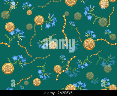 Nahtlose farbige Blumen für die Textil- und Retro Stil Blumenschmuck mit Ketten, Gold Schmuck, Vintage Style, auf grünem Hintergrund. Bereit für texti Stockfoto