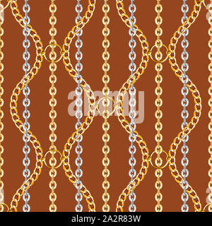 Mode nahtlose Muster mit gestreiften Goldenen und Silbernen Ketten auf den braunen Hintergrund. Stoff Design Hintergrund mit Kette. Stockfoto